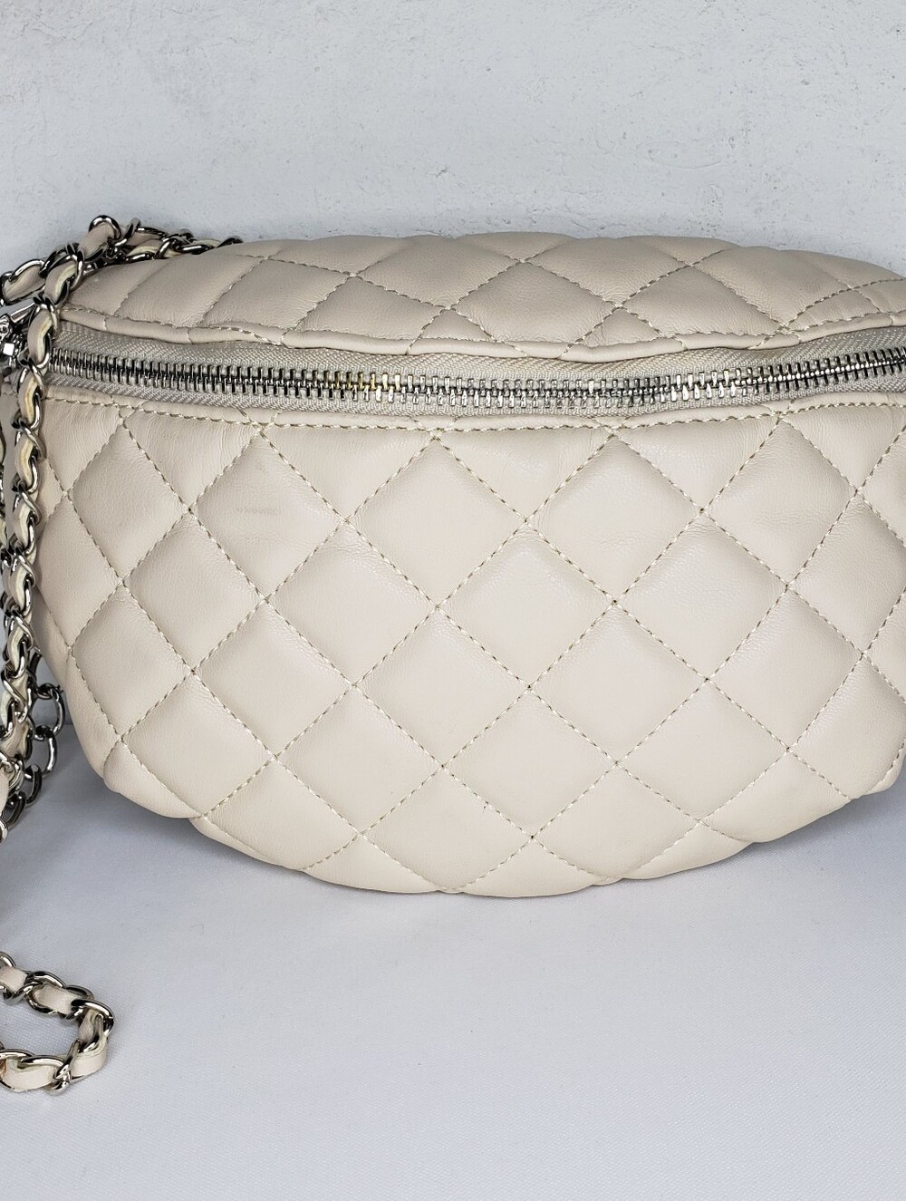 Steve Madden Quilted Cream Crossbody Belt Bag with Silver Chain
